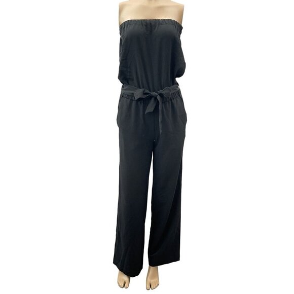 Ann Taylor Loft Belted Tie Waist Strapless Straight Leg Black Jumpsuit Women XS - Picture 1 of 12